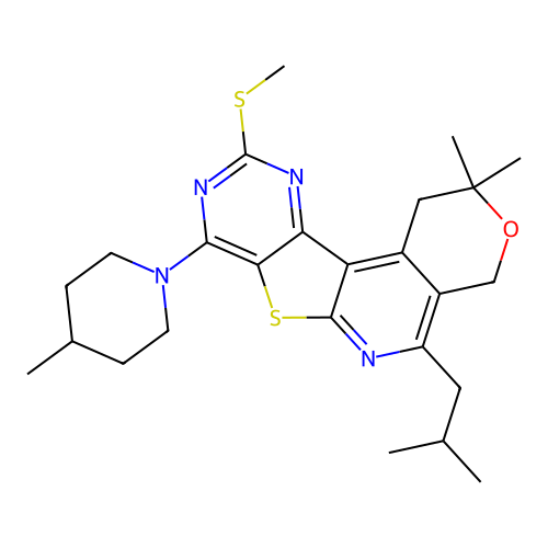 2,2-dimethyl-8-(4-methylpiperidin-1-yl)-5-(2-methylpropyl)-10-(methylsulfanyl)-1,4-dihydro-2H-pyrano[4'',3'':4',5']pyrido[3',2':4,5]thieno[3,2-d]pyrimidine structure