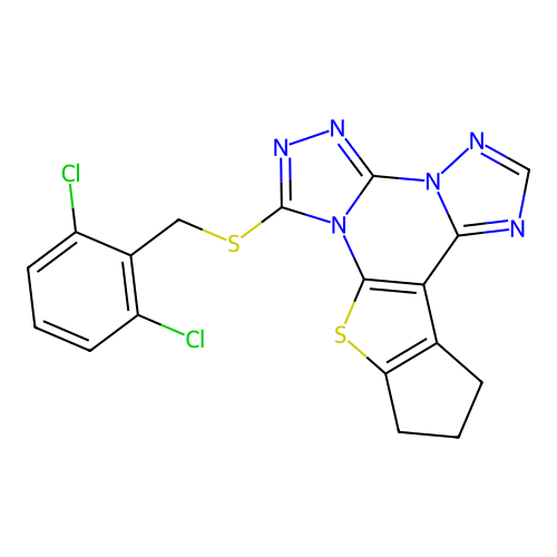 7-((2,6-dichlorobenzyl)thio)-11,12-dihydro-10H-cyclopenta[4,5]thieno[3,2-e]bis([1,2,4]triazolo)[4,3-a:1',5'-c]pyrimidine structure