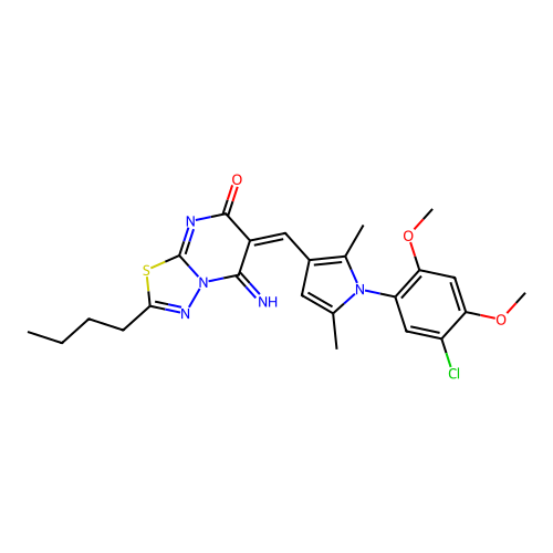 (6E)-2-butyl-6-[[1-(5-chloro-2,4-dimethoxyphenyl)-2,5-dimethylpyrrol-3-yl]methylidene]-5-imino-[1,3,4]thiadiazolo[3,2-a]pyrimidin-7-one structure