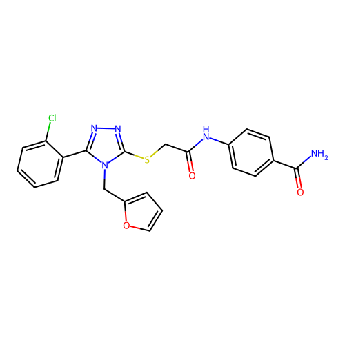 4-{2-[5-(2-chlorophenyl)-4-(2-furylmethyl)-1,2,4-triazol-3-ylthio]acetylamino} benzamide structure