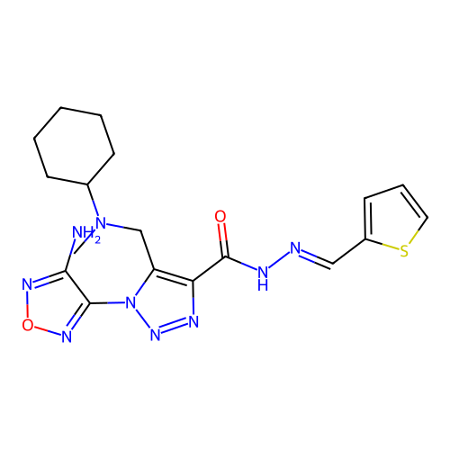 (E)-1-(4-amino-1,2,5-oxadiazol-3-yl)-5-((cyclohexyl(methyl)amino)methyl)-N'-(thiophen-2-ylmethylene)-1H-1,2,3-triazole-4-carbohydrazide structure