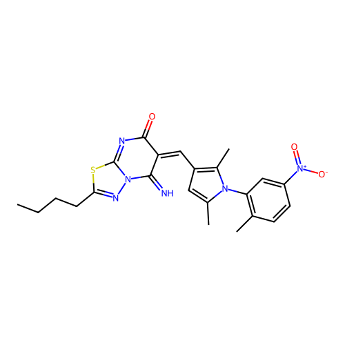 (6E)-2-butyl-6-[[2,5-dimethyl-1-(2-methyl-5-nitrophenyl)pyrrol-3-yl]methylidene]-5-imino-[1,3,4]thiadiazolo[3,2-a]pyrimidin-7-one structure