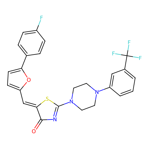 (5Z)-5-[[5-(4-fluorophenyl)furan-2-yl]methylidene]-2-[4-[3-(trifluoromethyl)phenyl]piperazin-1-yl]-1,3-thiazol-4-one structure
