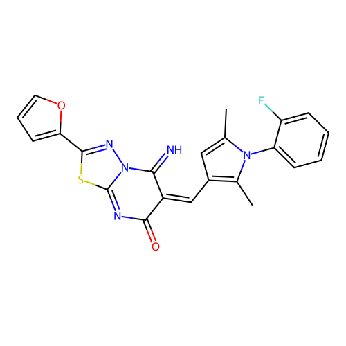 (E)-6-((1-(2-fluorophenyl)-2,5-dimethyl-1H-pyrrol-3-yl)methylene)-2-(furan-2-yl)-5-imino-5H-[1,3,4]thiadiazolo[3,2-a]pyrimidin-7(6H)-one structure