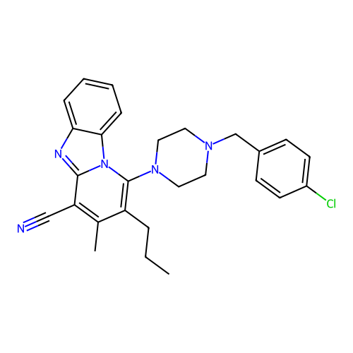 1-(4-(4-chlorobenzyl)piperazin-1-yl)-3-methyl-2-propylbenzo[4,5]imidazo[1,2-a]pyridine-4-carbonitrile structure