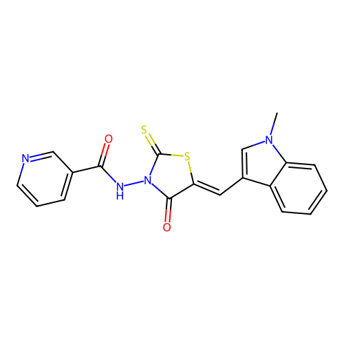 N-{(5Z)-5-[(1-methyl-1H-indol-3-yl)methylidene]-4-oxo-2-thioxo-1,3-thiazolidin-3-yl}pyridine-3-carboxamide structure