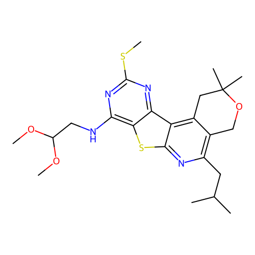 N-(2,2-dimethoxyethyl)-2,2-dimethyl-5-(2-methylpropyl)-10-(methylsulfanyl)-1,4-dihydro-2H-pyrano[4'',3'':4',5']pyrido[3',2':4,5]thieno[3,2-d]pyrimidin-8-amine structure