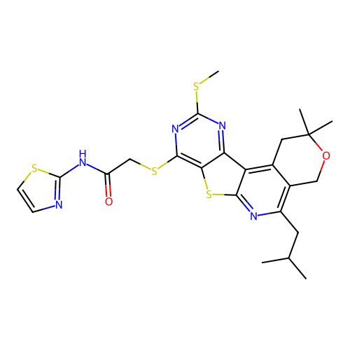 2-((5-isobutyl-2,2-dimethyl-10-(methylthio)-2,4-dihydro-1H-pyrano[4'',3'':4',5']pyrido[3',2':4,5]thieno[3,2-d]pyrimidin-8-yl)thio)-N-(thiazol-2-yl)acetamide structure
