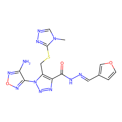 (E)-1-(4-amino-1,2,5-oxadiazol-3-yl)-N'-(furan-3-ylmethylene)-5-(((4-methyl-4H-1,2,4-triazol-3-yl)thio)methyl)-1H-1,2,3-triazole-4-carbohydrazide structure