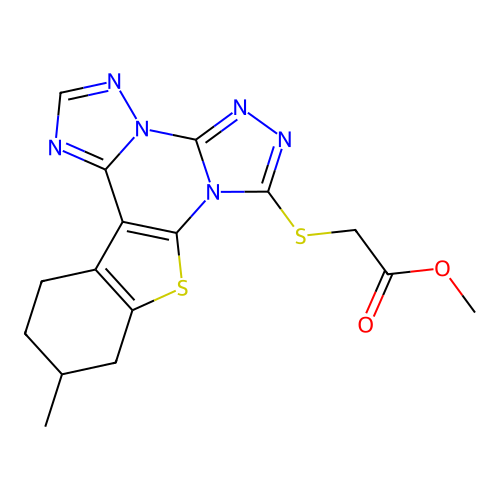 methyl [(11-methyl-10,11,12,13-tetrahydro[1]benzothieno[3,2-e]bis[1,2,4]triazolo[4,3-a:1',5'-c]pyrimidin-7-yl)sulfanyl]acetate structure