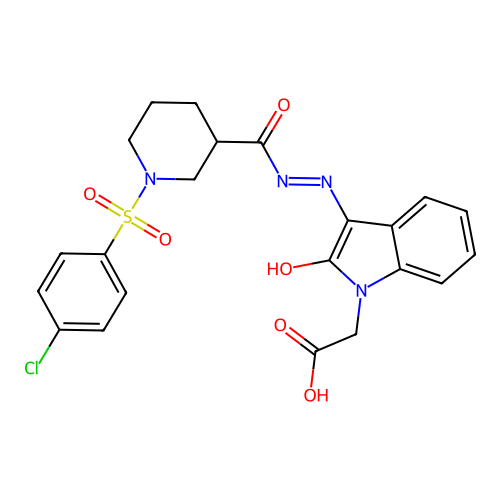 (Z)-2-(3-(2-(1-((4-chlorophenyl)sulfonyl)piperidine-3-carbonyl)hydrazono)-2-oxoindolin-1-yl)acetic acid structure