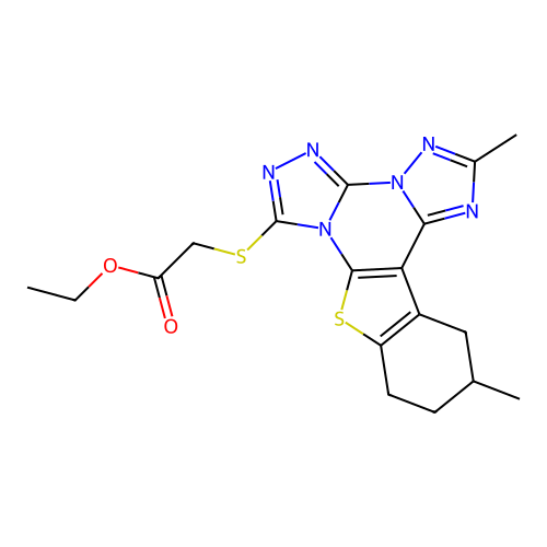 ethyl [(2,12-dimethyl-10,11,12,13-tetrahydro[1]benzothieno[3,2-e]bis[1,2,4]triazolo[4,3-a:1',5'-c]pyrimidin-7-yl)sulfanyl]acetate structure