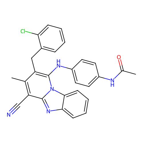 N-(4-((2-(2-chlorobenzyl)-4-cyano-3-methylbenzo[4,5]imidazo[1,2-a]pyridin-1-yl)amino)phenyl)acetamide structure