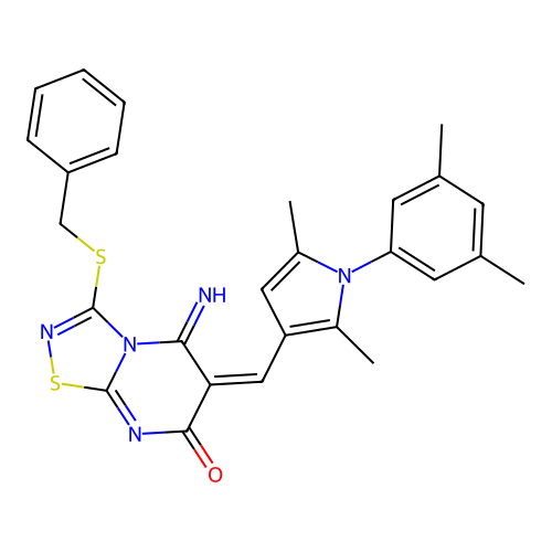 (E)-3-(benzylthio)-6-((1-(3,5-dimethylphenyl)-2,5-dimethyl-1H-pyrrol-3-yl)methylene)-5-imino-5H-[1,2,4]thiadiazolo[4,5-a]pyrimidin-7(6H)-one structure