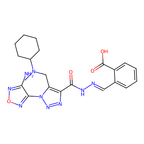 (E)-2-((2-(1-(4-amino-1,2,5-oxadiazol-3-yl)-5-((cyclohexyl(methyl)amino)methyl)-1H-1,2,3-triazole-4-carbonyl)hydrazono)methyl)benzoic acid structure