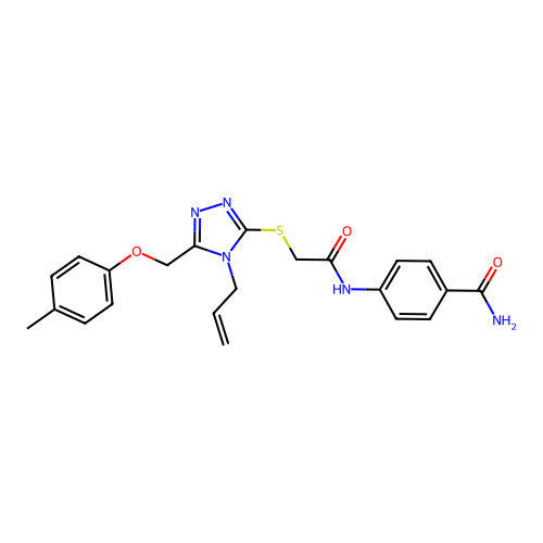 4-(2-((4-allyl-5-((p-tolyloxy)methyl)-4H-1,2,4-triazol-3-yl)thio)acetamido)benzamide structure