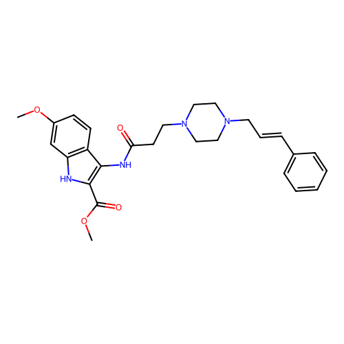 (E)-methyl 3-(3-(4-cinnamylpiperazin-1-yl)propanamido)-6-methoxy-1H-indole-2-carboxylate structure