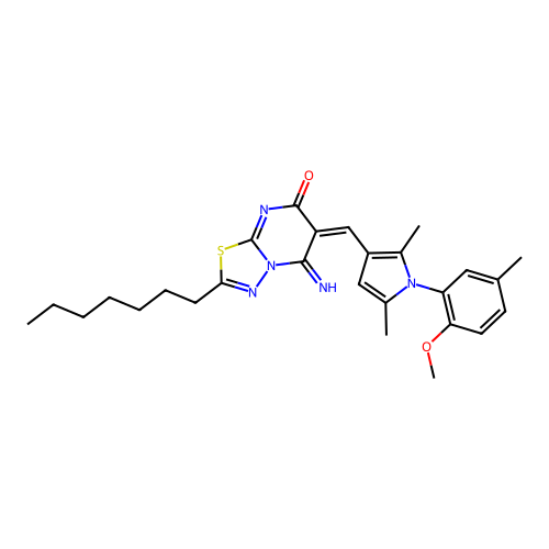 (6E)-2-heptyl-5-imino-6-[[1-(2-methoxy-5-methylphenyl)-2,5-dimethylpyrrol-3-yl]methylidene]-[1,3,4]thiadiazolo[3,2-a]pyrimidin-7-one structure