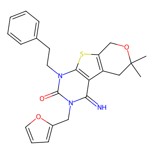 3-(furan-2-ylmethyl)-4-imino-6,6-dimethyl-1-(2-phenylethyl)-1,3,4,5,6,8-hexahydro-2H-pyrano[4',3':4,5]thieno[2,3-d]pyrimidin-2-one structure