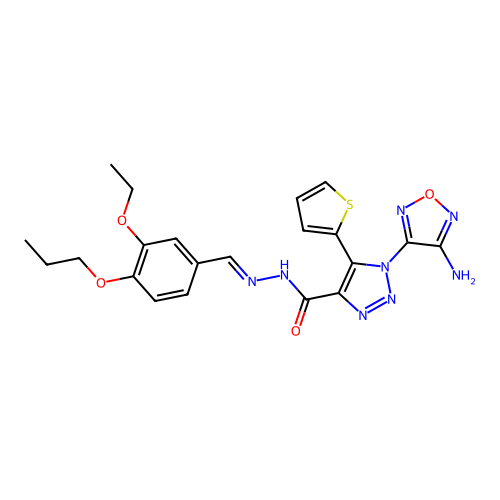 (E)-1-(4-amino-1,2,5-oxadiazol-3-yl)-N'-(3-ethoxy-4-propoxybenzylidene)-5-(thiophen-2-yl)-1H-1,2,3-triazole-4-carbohydrazide structure