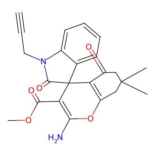 methyl 2-amino-7,7-dimethyl-2',5-dioxo-1'-(prop-2-yn-1-yl)-1',2',5,6,7,8-hexahydrospiro[chromene-4,3'-indole]-3-carboxylate structure