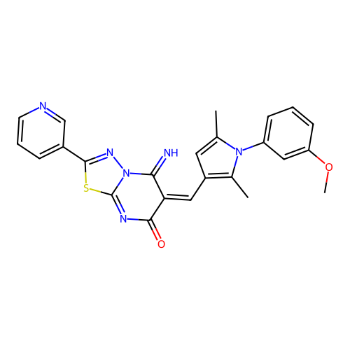 (E)-5-imino-6-((1-(3-methoxyphenyl)-2,5-dimethyl-1H-pyrrol-3-yl)methylene)-2-(pyridin-3-yl)-5H-[1,3,4]thiadiazolo[3,2-a]pyrimidin-7(6H)-one structure