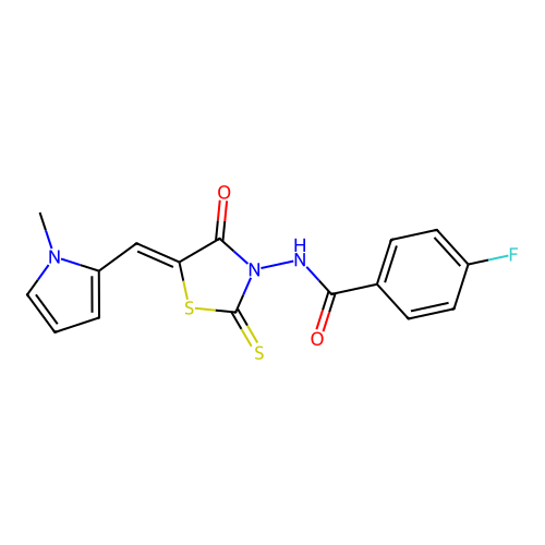 (Z)-4-fluoro-N-(5-((1-methyl-1H-pyrrol-2-yl)methylene)-4-oxo-2-thioxothiazolidin-3-yl)benzamide structure