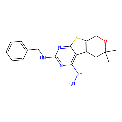 N-benzyl-4-hydrazinyl-6,6-dimethyl-5,8-dihydro-6H-pyrano[4',3':4,5]thieno[2,3-d]pyrimidin-2-amine structure