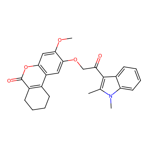 2-(2-(1,2-dimethyl-1H-indol-3-yl)-2-oxoethoxy)-3-methoxy-7,8,9,10-tetrahydro-6H-benzo[c]chromen-6-one structure