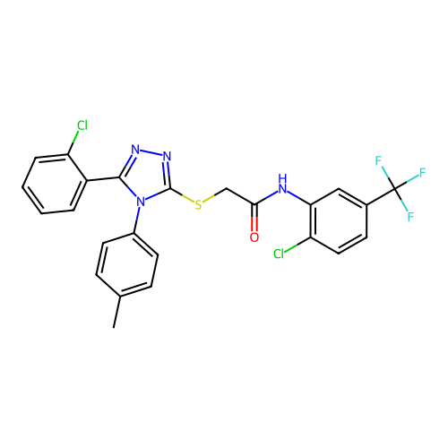 2-[[5-(2-chlorophenyl)-4-(4-methylphenyl)-1,2,4-triazol-3-yl]sulfanyl]-N-[2-chloro-5-(trifluoromethyl)phenyl]acetamide structure
