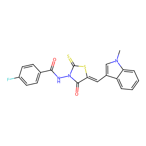(Z)-4-fluoro-N-(5-((1-methyl-1H-indol-3-yl)methylene)-4-oxo-2-thioxothiazolidin-3-yl)benzamide structure