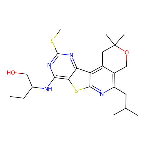 2-((5-isobutyl-2,2-dimethyl-10-(methylthio)-2,4-dihydro-1H-pyrano[4'',3'':4',5']pyrido[3',2':4,5]thieno[3,2-d]pyrimidin-8-yl)amino)butan-1-ol structure