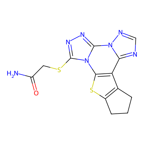2-((11,12-dihydro-10H-cyclopenta[4,5]thieno[3,2-e]bis([1,2,4]triazolo)[4,3-a:1',5'-c]pyrimidin-7-yl)thio)acetamide structure