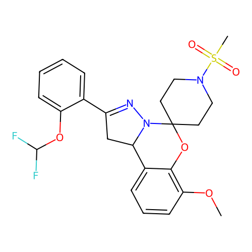 2'-[2-(difluoromethoxy)phenyl]-7'-methoxy-1-(methylsulfonyl)-1',10b'-dihydrospiro[piperidine-4,5'-pyrazolo[1,5-c][1,3]benzoxazine] structure