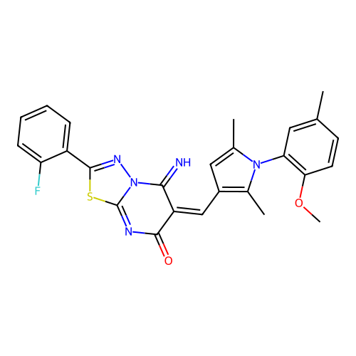 (E)-2-(2-fluorophenyl)-5-imino-6-((1-(2-methoxy-5-methylphenyl)-2,5-dimethyl-1H-pyrrol-3-yl)methylene)-5H-[1,3,4]thiadiazolo[3,2-a]pyrimidin-7(6H)-one structure
