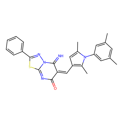 (E)-6-((1-(3,5-dimethylphenyl)-2,5-dimethyl-1H-pyrrol-3-yl)methylene)-5-imino-2-phenyl-5H-[1,3,4]thiadiazolo[3,2-a]pyrimidin-7(6H)-one structure