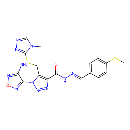 (E)-1-(4-amino-1,2,5-oxadiazol-3-yl)-5-(((4-methyl-4H-1,2,4-triazol-3-yl)thio)methyl)-N'-(4-(methylthio)benzylidene)-1H-1,2,3-triazole-4-carbohydrazide structure