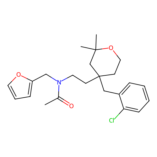 N-(2-(4-(2-chlorobenzyl)-2,2-dimethyltetrahydro-2H-pyran-4-yl)ethyl)-N-(furan-2-ylmethyl)acetamide structure