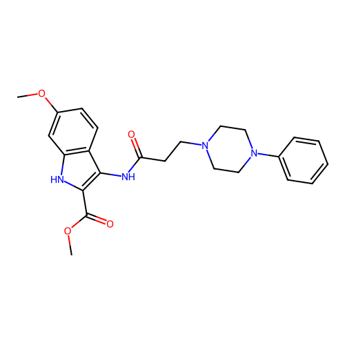 methyl 6-methoxy-3-(3-(4-phenylpiperazin-1-yl)propanamido)-1H-indole-2-carboxylate structure