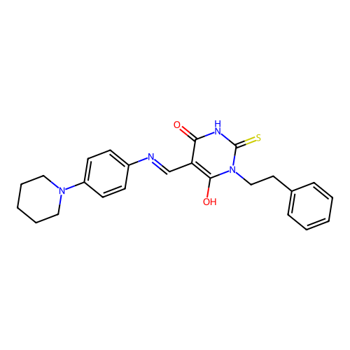 (5E)-1-phenethyl-5-[(4-piperidin-1-ylanilino)methylidene]-2-sulfanylidene-1,3-diazinane-4,6-dione structure
