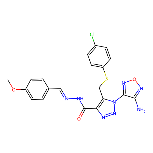 (E)-1-(4-amino-1,2,5-oxadiazol-3-yl)-5-(((4-chlorophenyl)thio)methyl)-N'-(4-methoxybenzylidene)-1H-1,2,3-triazole-4-carbohydrazide structure