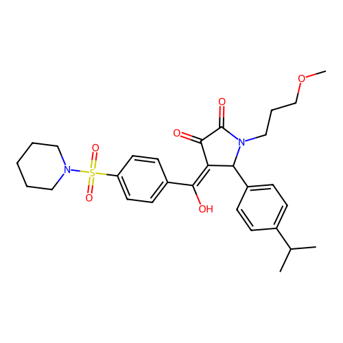 (4E)-4-[hydroxy-(4-piperidin-1-ylsulfonylphenyl)methylidene]-1-(3-methoxypropyl)-5-(4-propan-2-ylphenyl)pyrrolidine-2,3-dione structure