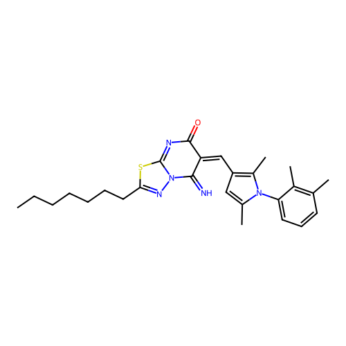 (6E)-6-[[1-(2,3-dimethylphenyl)-2,5-dimethylpyrrol-3-yl]methylidene]-2-heptyl-5-imino-[1,3,4]thiadiazolo[3,2-a]pyrimidin-7-one structure