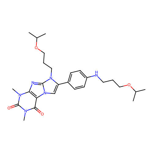 1,3-dimethyl-8-[3-(propan-2-yloxy)propyl]-7-(4-{[3-(propan-2-yloxy)propyl]amino}phenyl)-1H-imidazo[2,1-f]purine-2,4(3H,8H)-dione structure