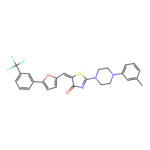 (5E)-2-[4-(3-methylphenyl)piperazin-1-yl]-5-({5-[3-(trifluoromethyl)phenyl]furan-2-yl}methylidene)-1,3-thiazol-4(5H)-one structure