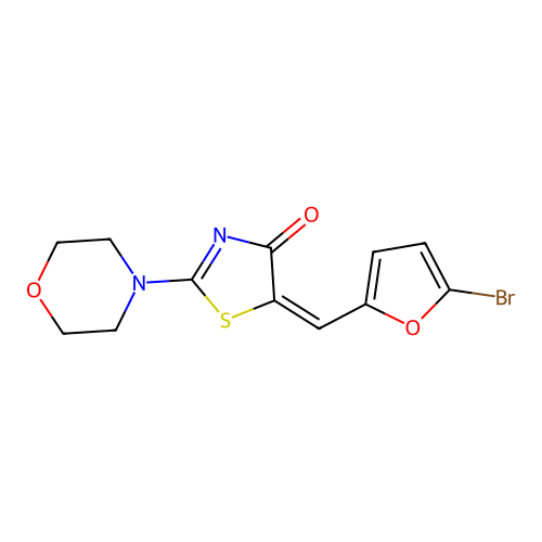 (5E)-5-[(5-bromofuran-2-yl)methylidene]-2-(morpholin-4-yl)-1,3-thiazol-4(5H)-one structure