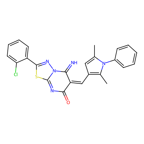 (E)-2-(2-chlorophenyl)-6-((2,5-dimethyl-1-phenyl-1H-pyrrol-3-yl)methylene)-5-imino-5H-[1,3,4]thiadiazolo[3,2-a]pyrimidin-7(6H)-one structure