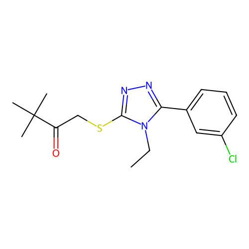 1-((5-(3-chlorophenyl)-4-ethyl-4H-1,2,4-triazol-3-yl)thio)-3,3-dimethylbutan-2-one structure
