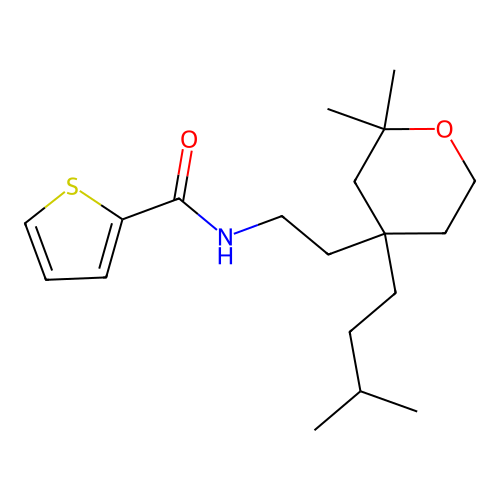 N-[2-[2,2-dimethyl-4-(3-methylbutyl)oxan-4-yl]ethyl]thiophene-2-carboxamide structure