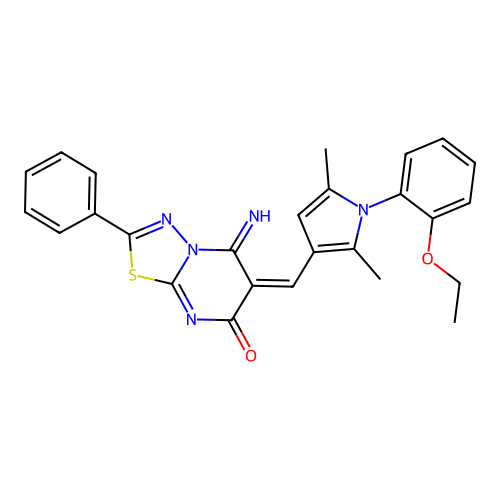 (E)-6-((1-(2-ethoxyphenyl)-2,5-dimethyl-1H-pyrrol-3-yl)methylene)-5-imino-2-phenyl-5H-[1,3,4]thiadiazolo[3,2-a]pyrimidin-7(6H)-one structure